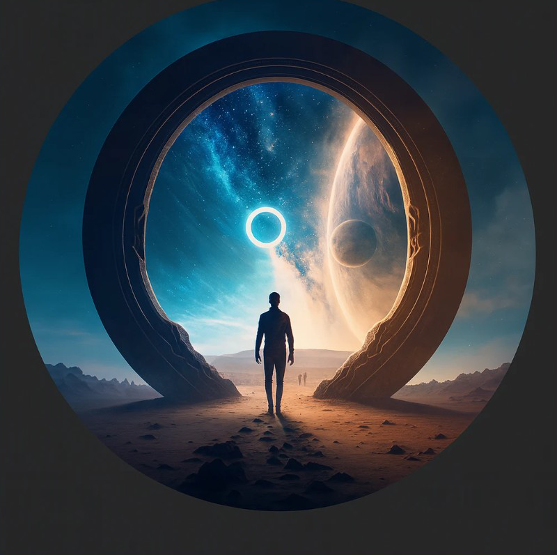 A person standing before a luminous circular portal, looking toward an open horizon.